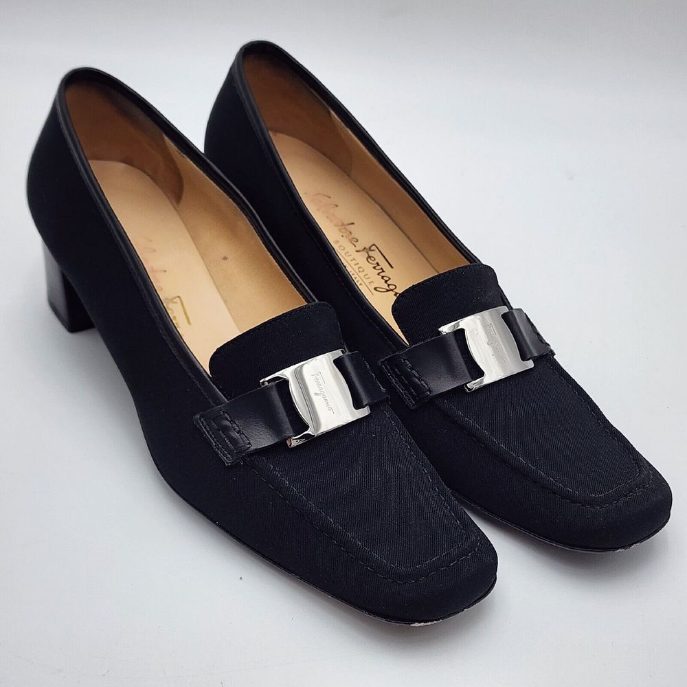 Salvatore Ferragamo Boutique Black Silver Branded Buckle 7AA‎ Pumps Shoes Heels